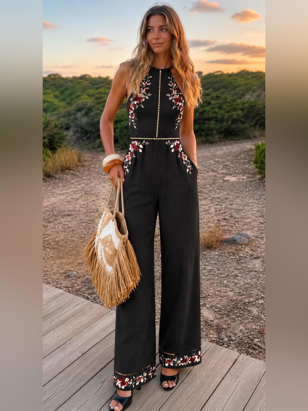 Zimmermann Black Linen & Cotton Floral Embroidered Halter Tie Romper Jumpsuit